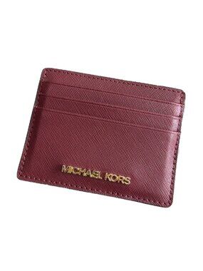 Michael Kors Jet Set Travel Saffiano Leather Card Holder Wallet Burgundy Red